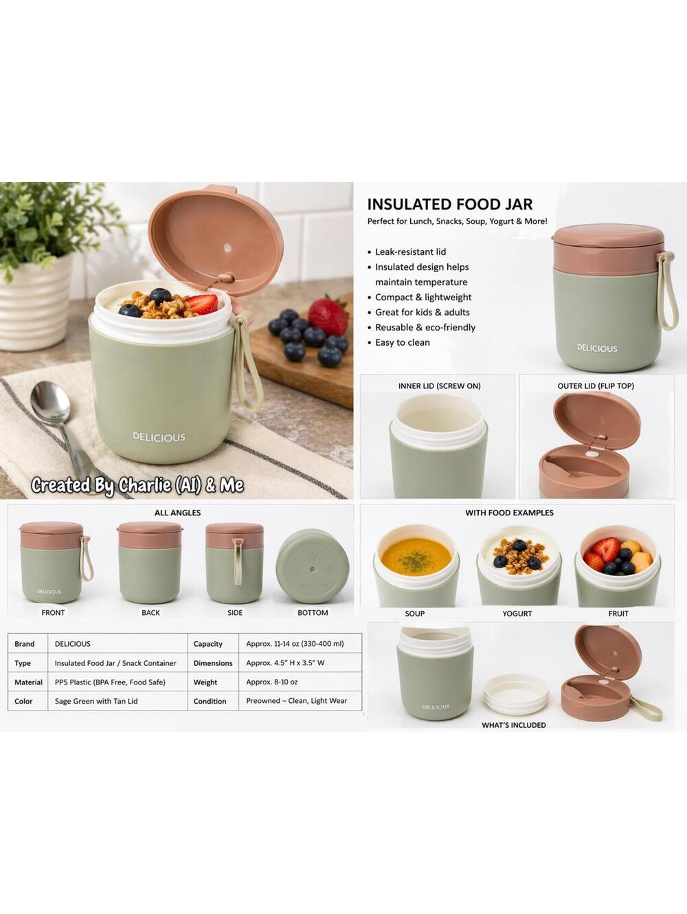 Insulated Food Jar Lunch Container Leakproof Snack Cup w Lid
